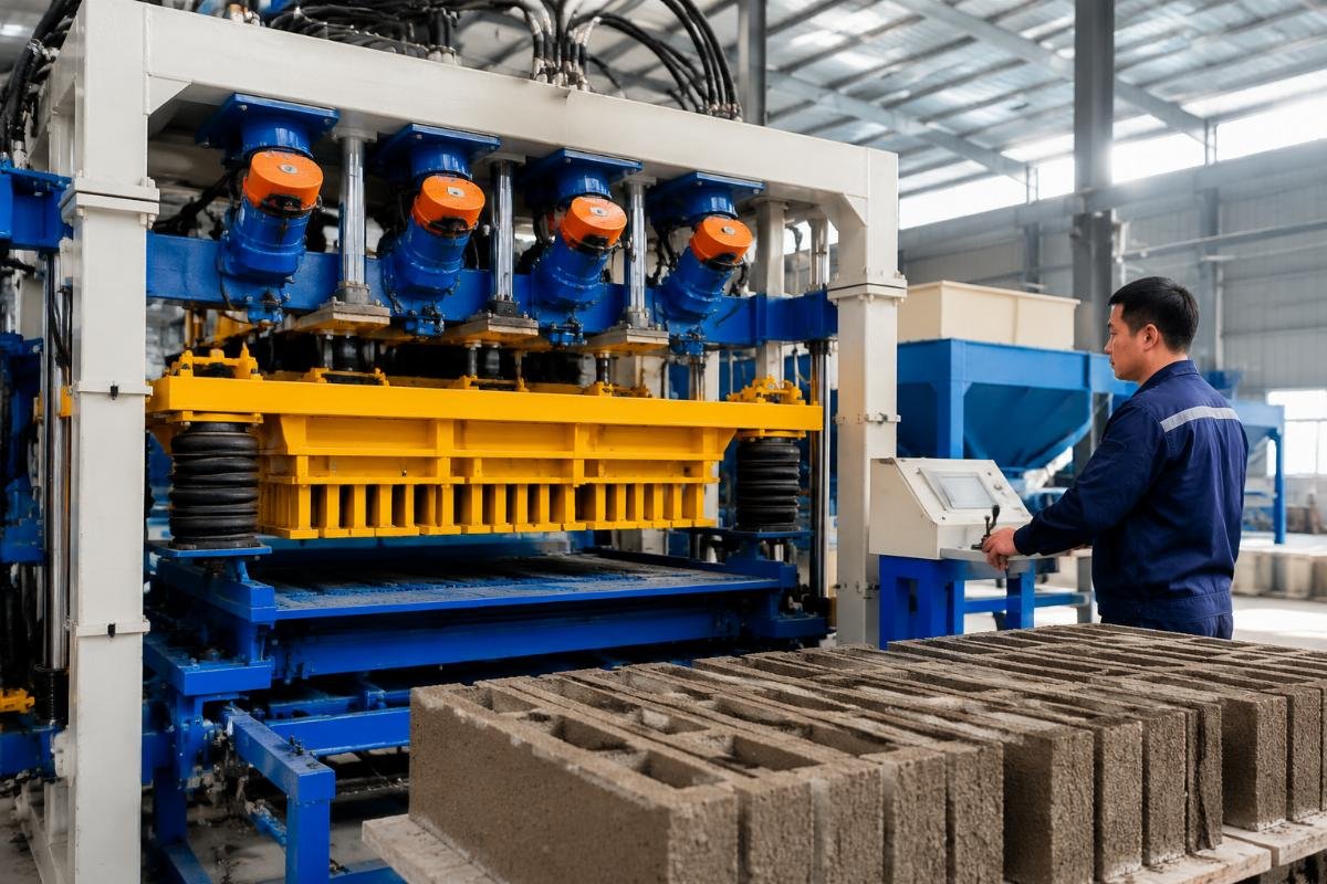 Four-motor vibration system in concrete block production