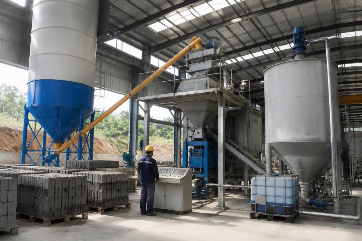 admixtures for concrete blocks dosed through automated batching systems Automated batching system with cement silo and admixture tank