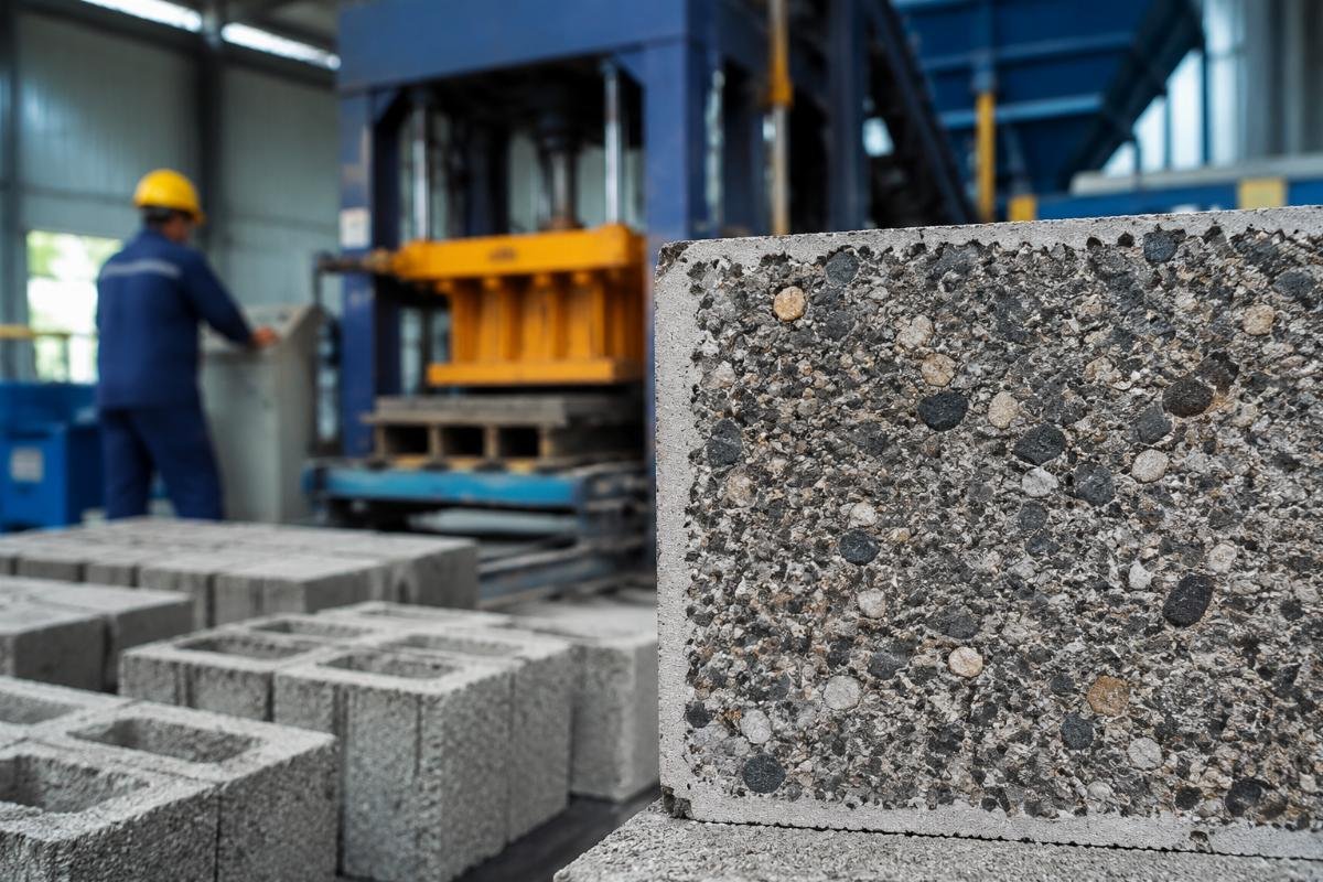 admixtures for concrete blocks improving internal density Close-up of concrete block cross-section showing dense aggregate structure