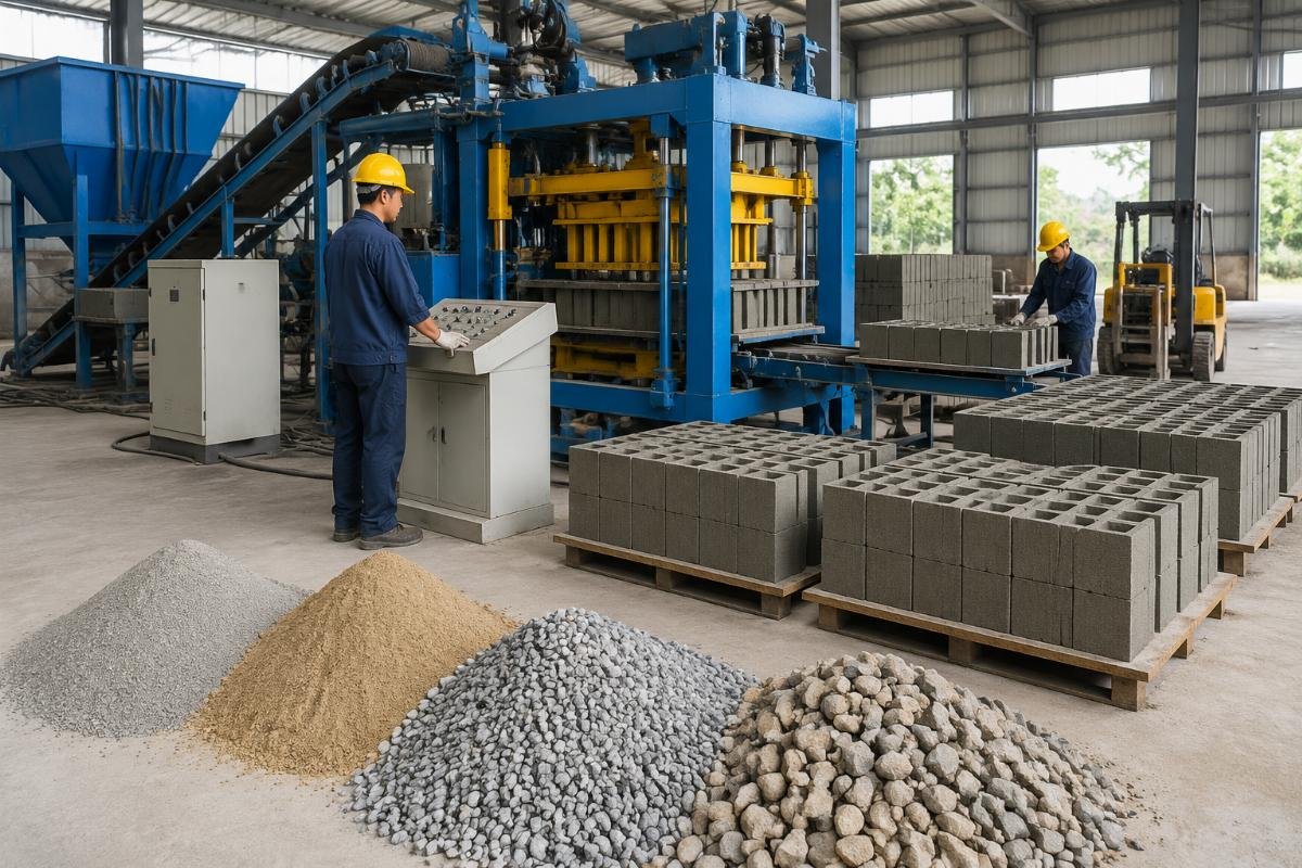 Aggregate particle size distribution chart showing optimal grading curve for concrete block production