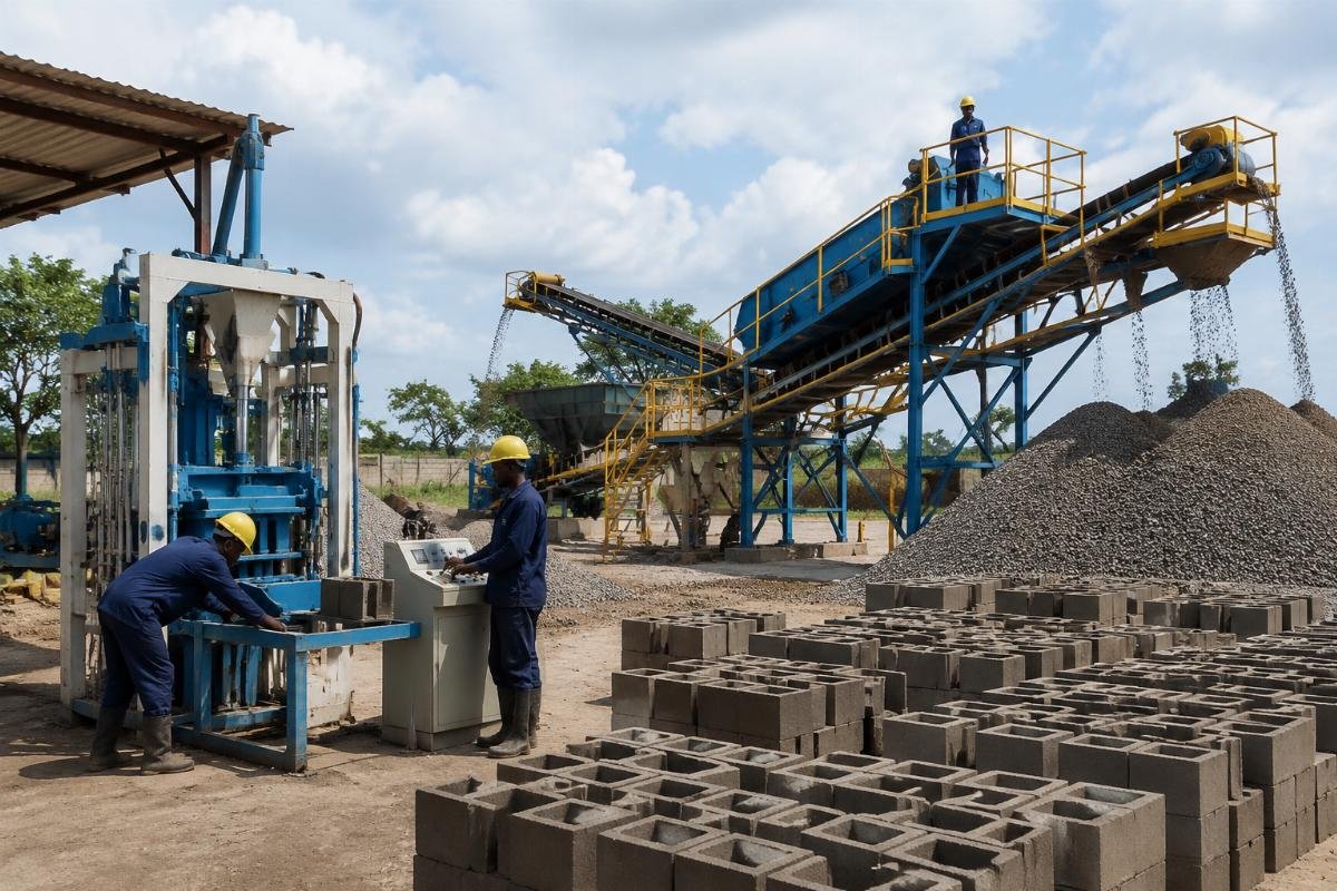aggregate screening concrete block production West Africa West African block production site showing aggregate screening equipment and stockpiles
