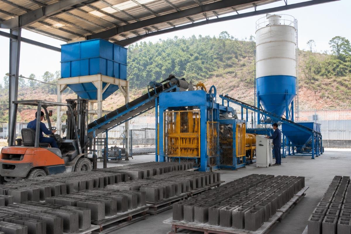 Complete volcanic ash block production line including mixer, batching machine, and cement silo