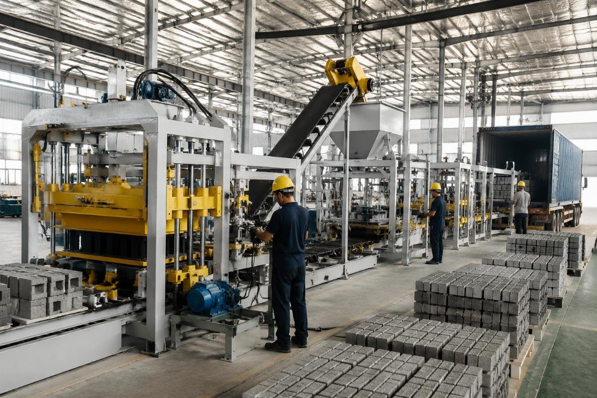 Automatic block production line being assembled in factory workshop