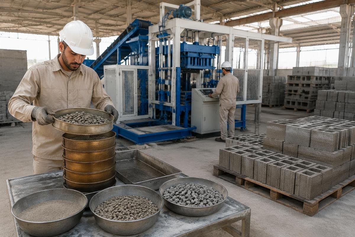 Sieve analysis being conducted on coarse aggregate at a Middle Eastern block production facility