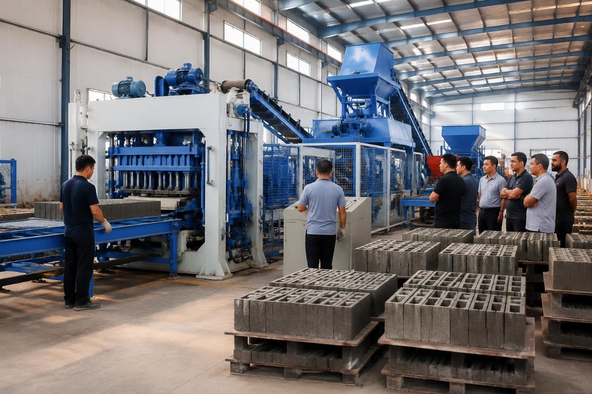 block machine distributor demo production line secondary dealer network training Live block machine demonstration line producing concrete blocks at a distributor showroom