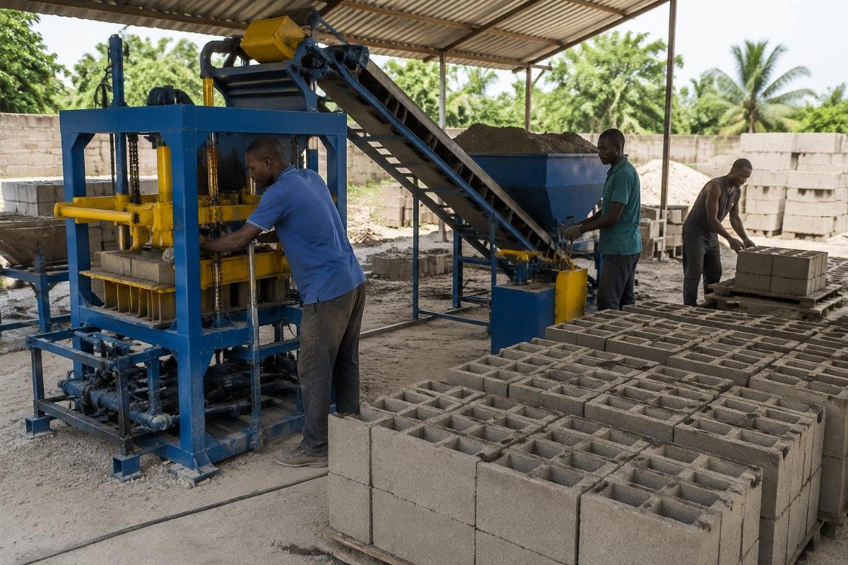 Semi-automatic block machine operating at a small production site in Nigeria