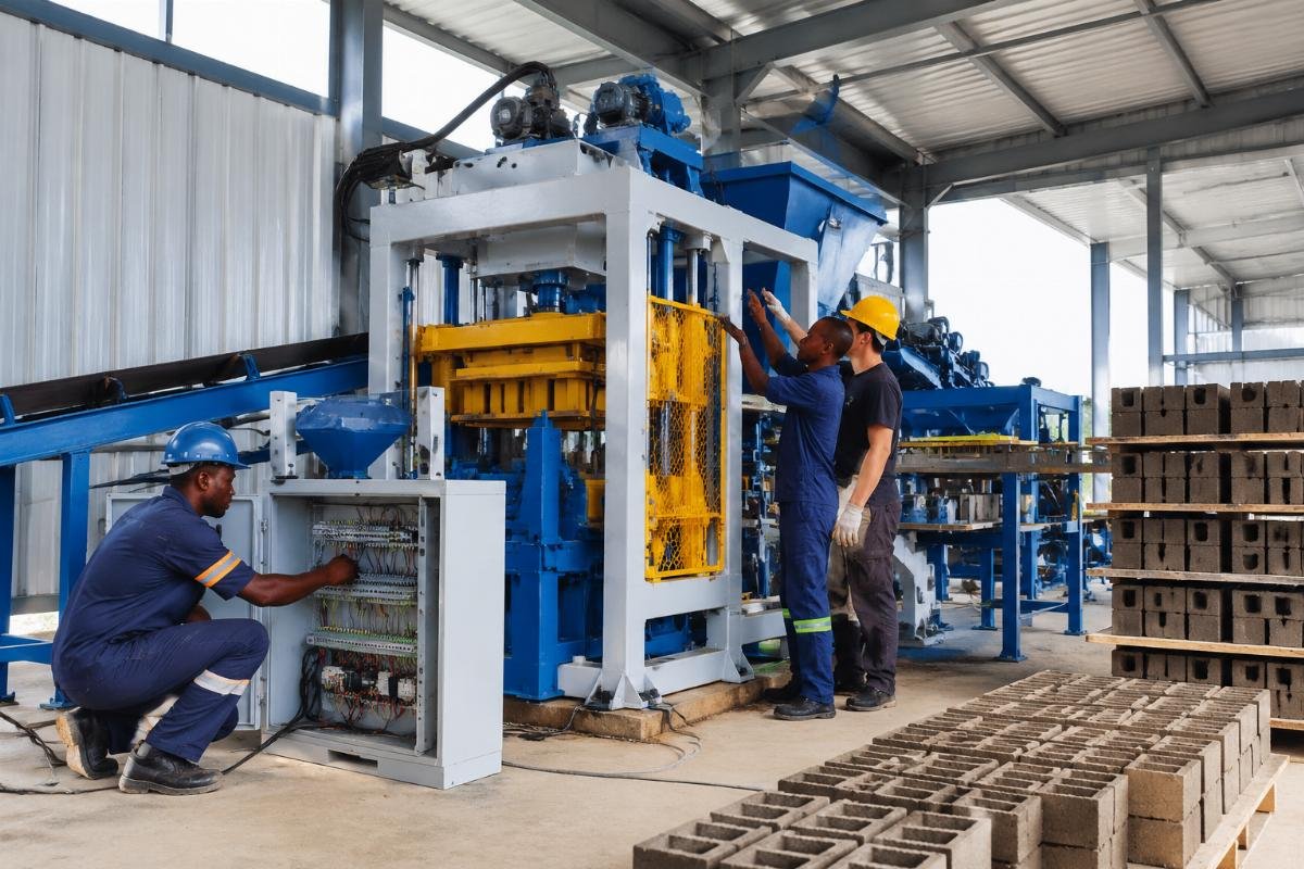 Block machine installation process with engineers commissioning equipment on-site