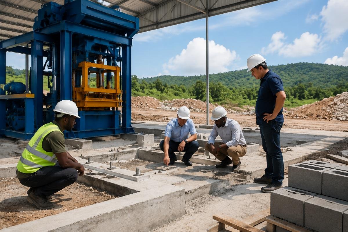 Engineer team inspecting block machine foundation on overseas construction site