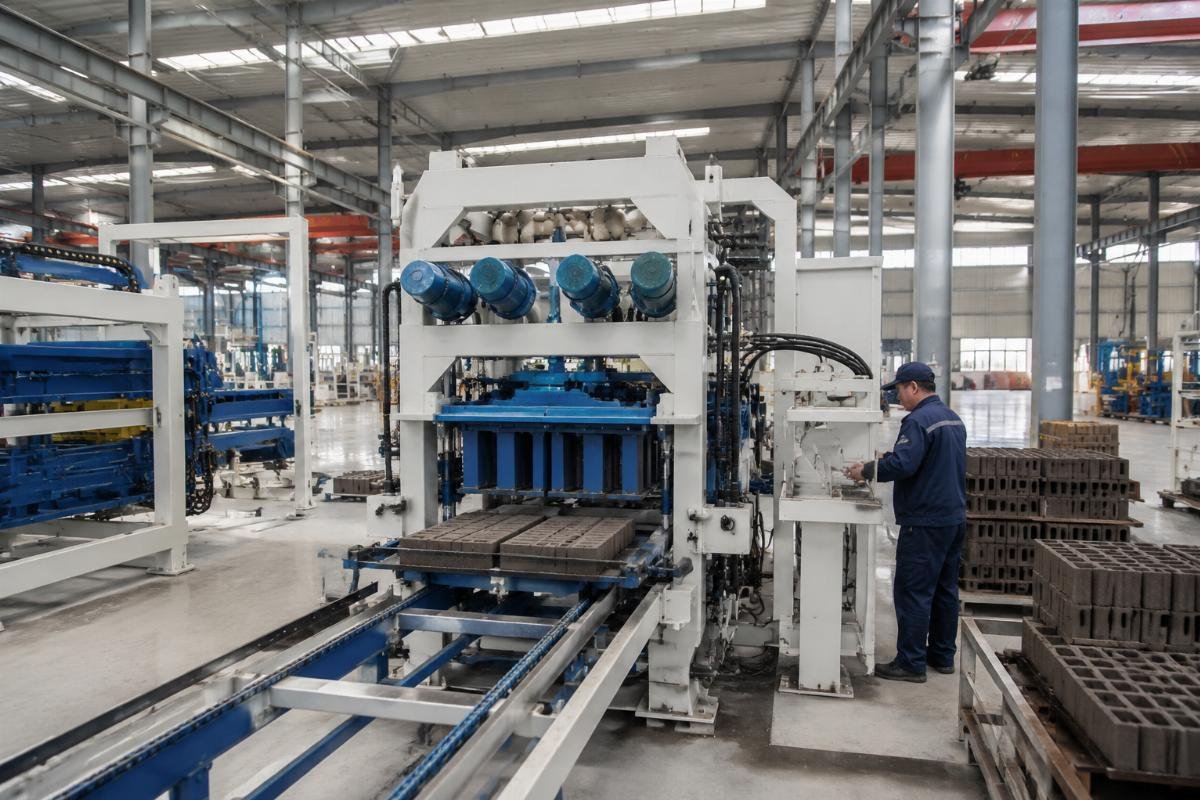 block machine manufacturer factory scale European-style design airbag system four vibration motors Inside a 46,000-square-meter block machine manufacturing facility with six specialized workshops