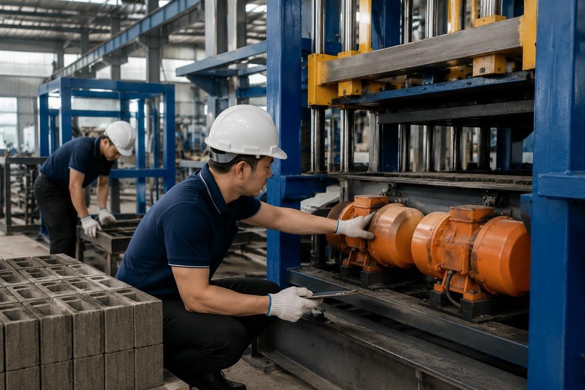 Third-party inspector examining block machine vibration motors and steel frame welding