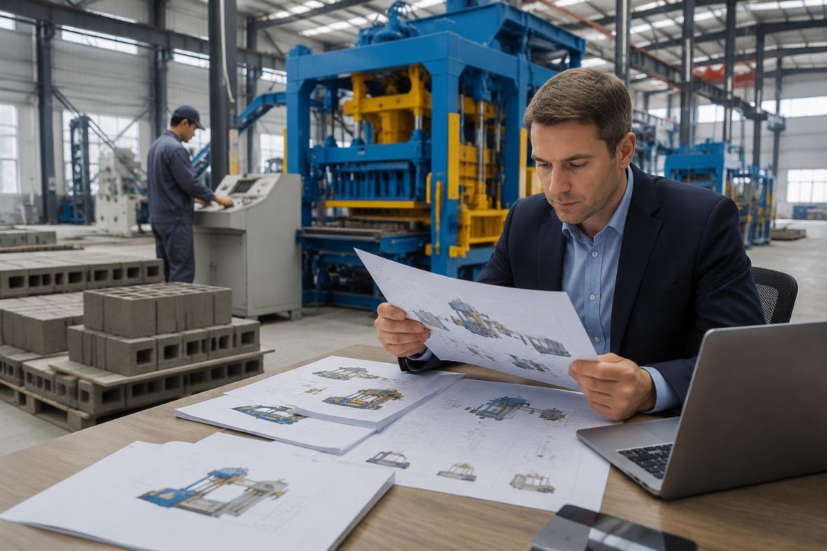 A professional buyer reviewing a detailed block machine quotation document on a desk with technical drawings