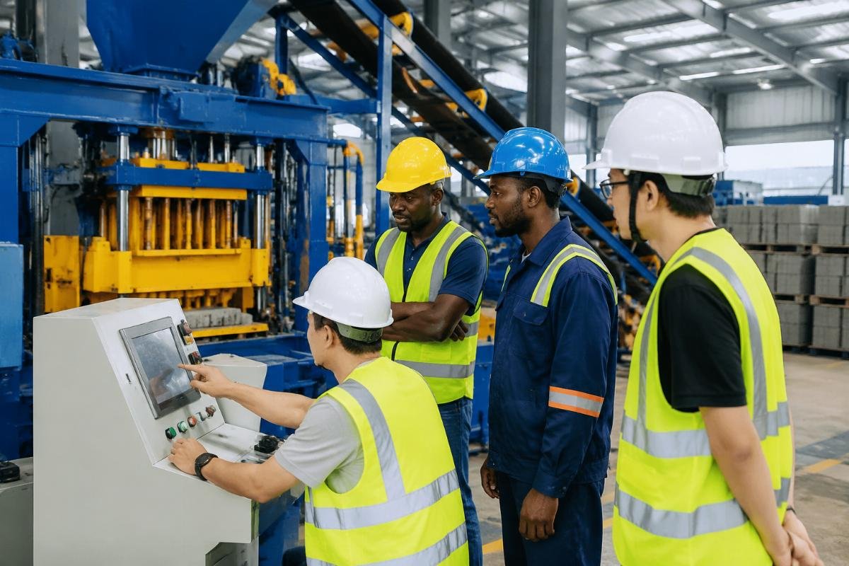 Block machine operators receiving training during commissioning at a production facility