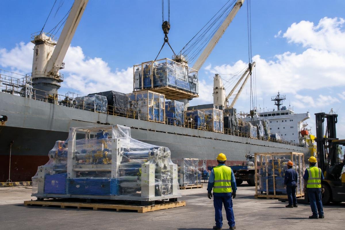 Breakbulk cargo vessel loaded with industrial block machine crates at Dar es Salaam port