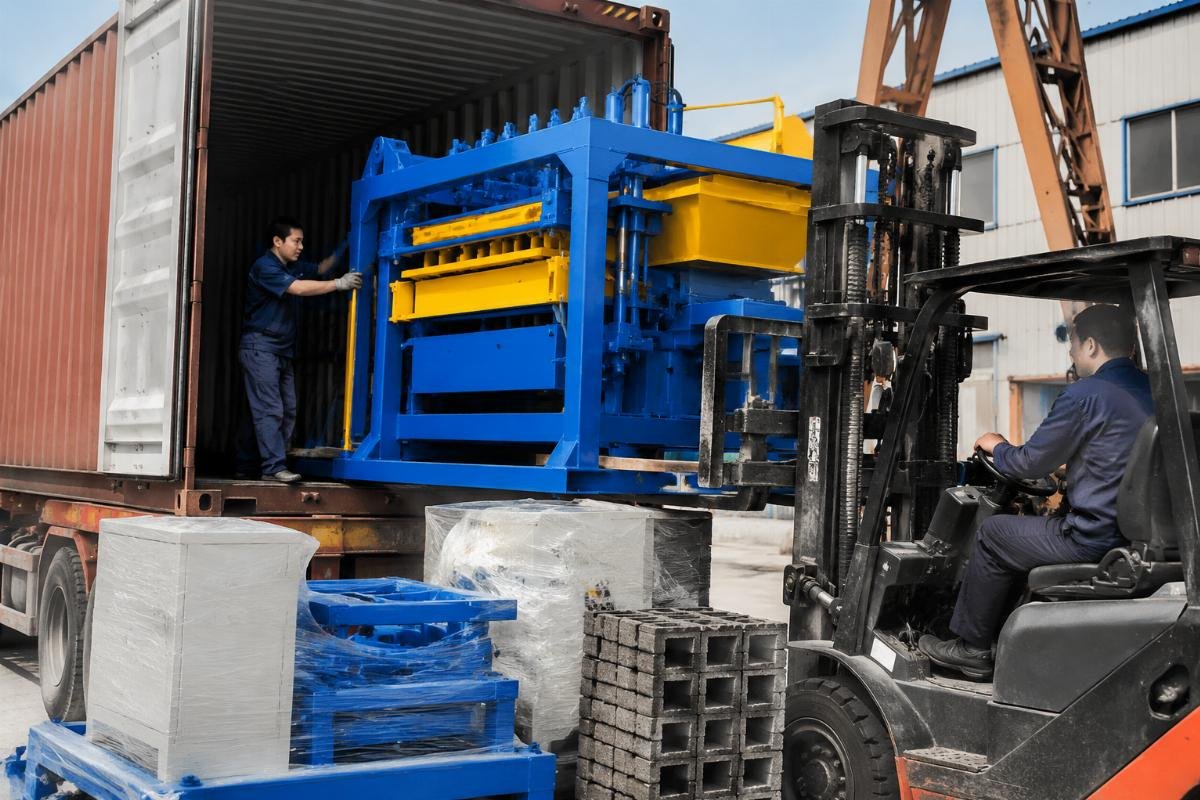 block machine shipping from China 20ft container loading 20ft container loaded with QTJ4-26 block machine, molds, and spare parts