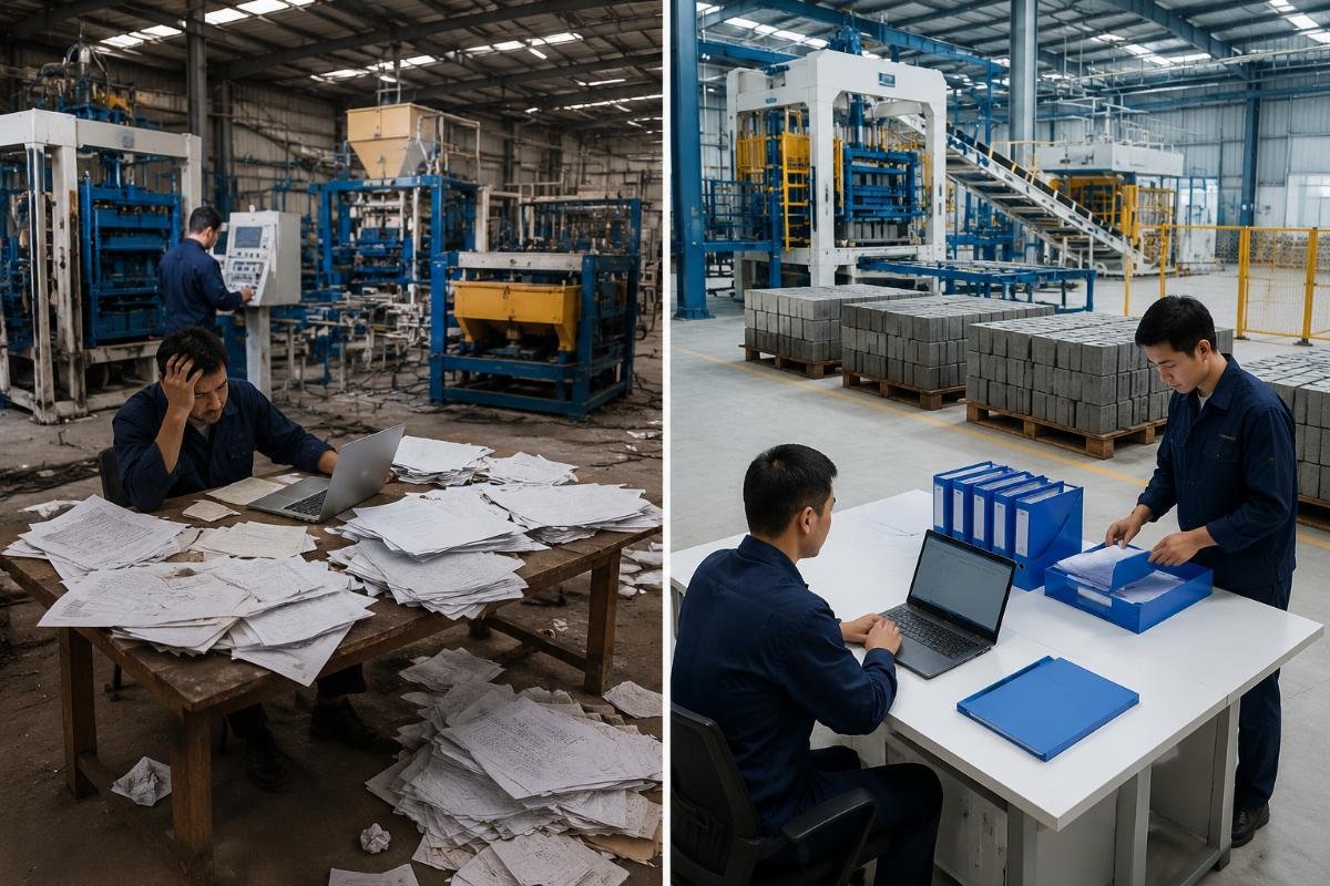 block machine supplier documentation workflow structured process Supplier documentation workflow comparison showing generic supplier vs structured supplier process for block machine export