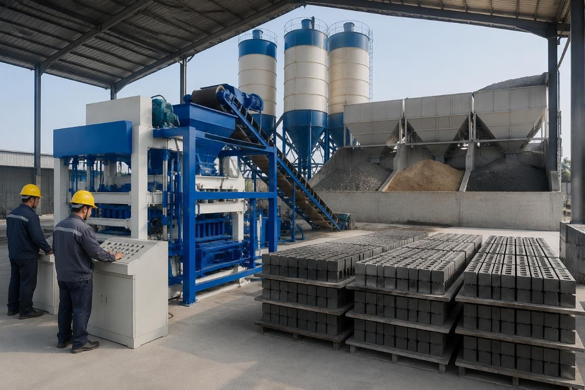 block making machine material ratio storage planning Raw material storage area with cement silos and aggregate piles