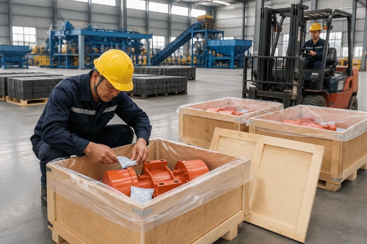 block making machine packaging for sea freight vibration motor protection Vibration motor packed in shock-proof wooden crate with silica gel desiccant