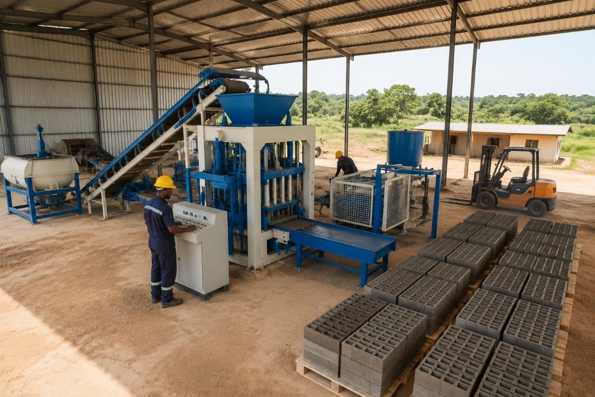 block production line configuration for remote sites Layout diagram of a modular semi-automatic block production line for remote deployment