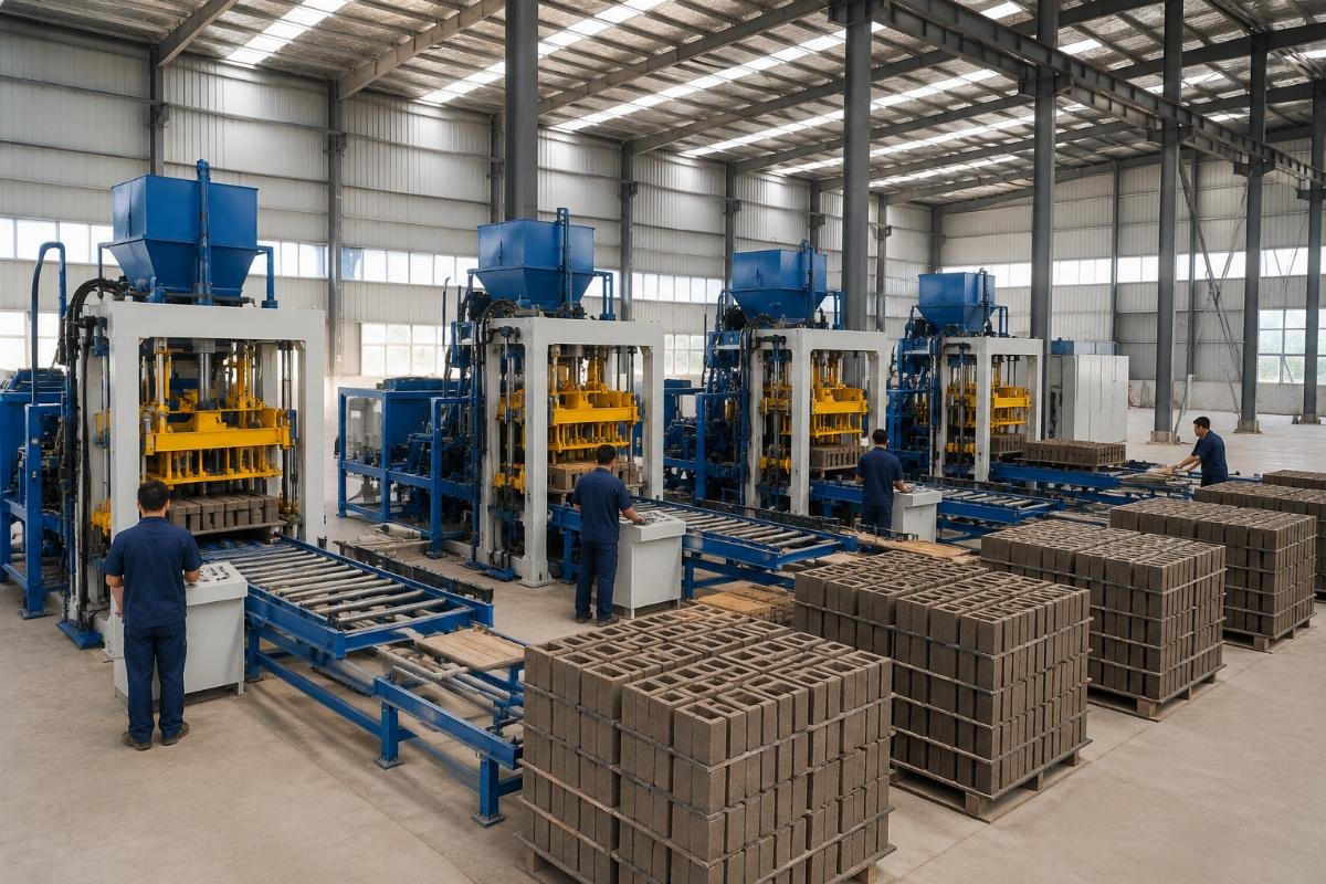 Four automatic block production lines being tested in parallel in large factory