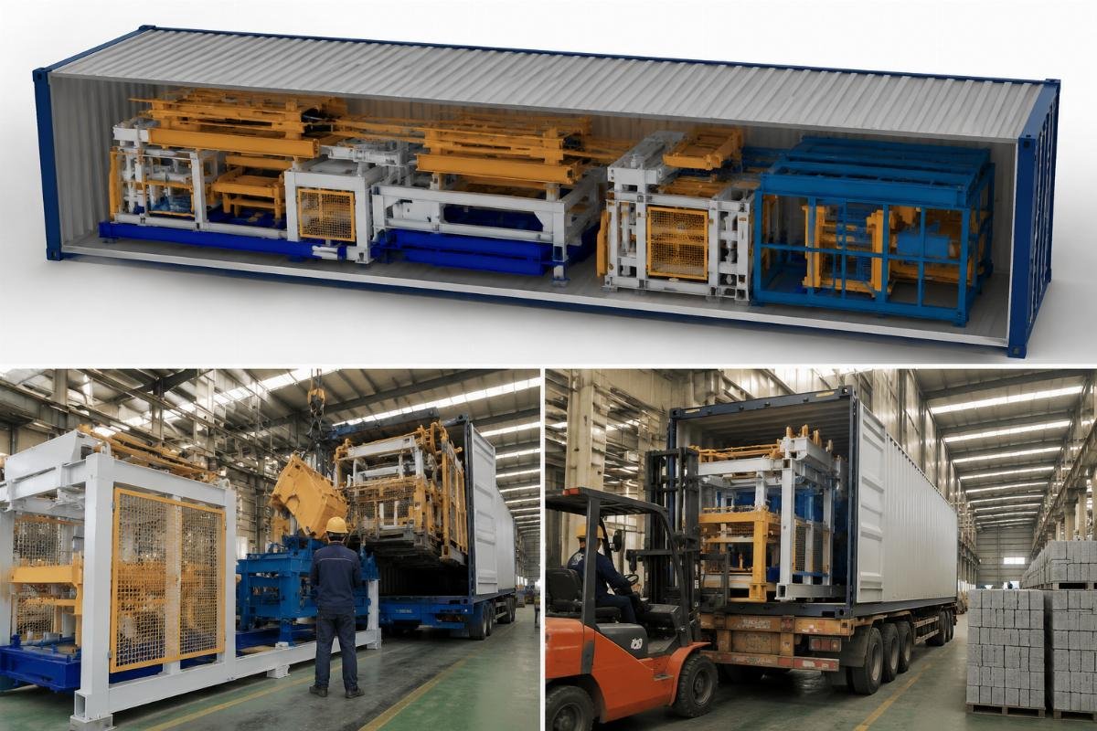 3D loading simulation showing block machine components nested inside a 40HQ container