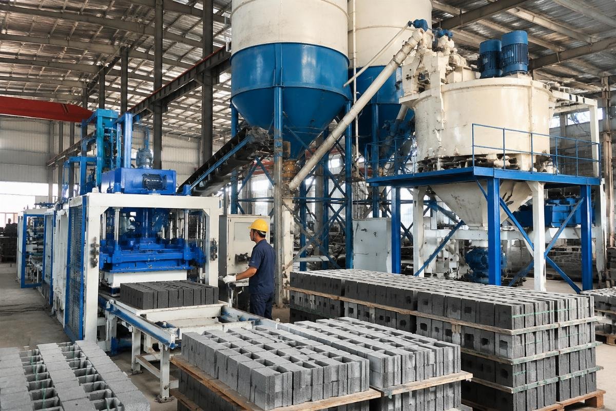 Block production line with cement silo and mixer for optimized cement blending