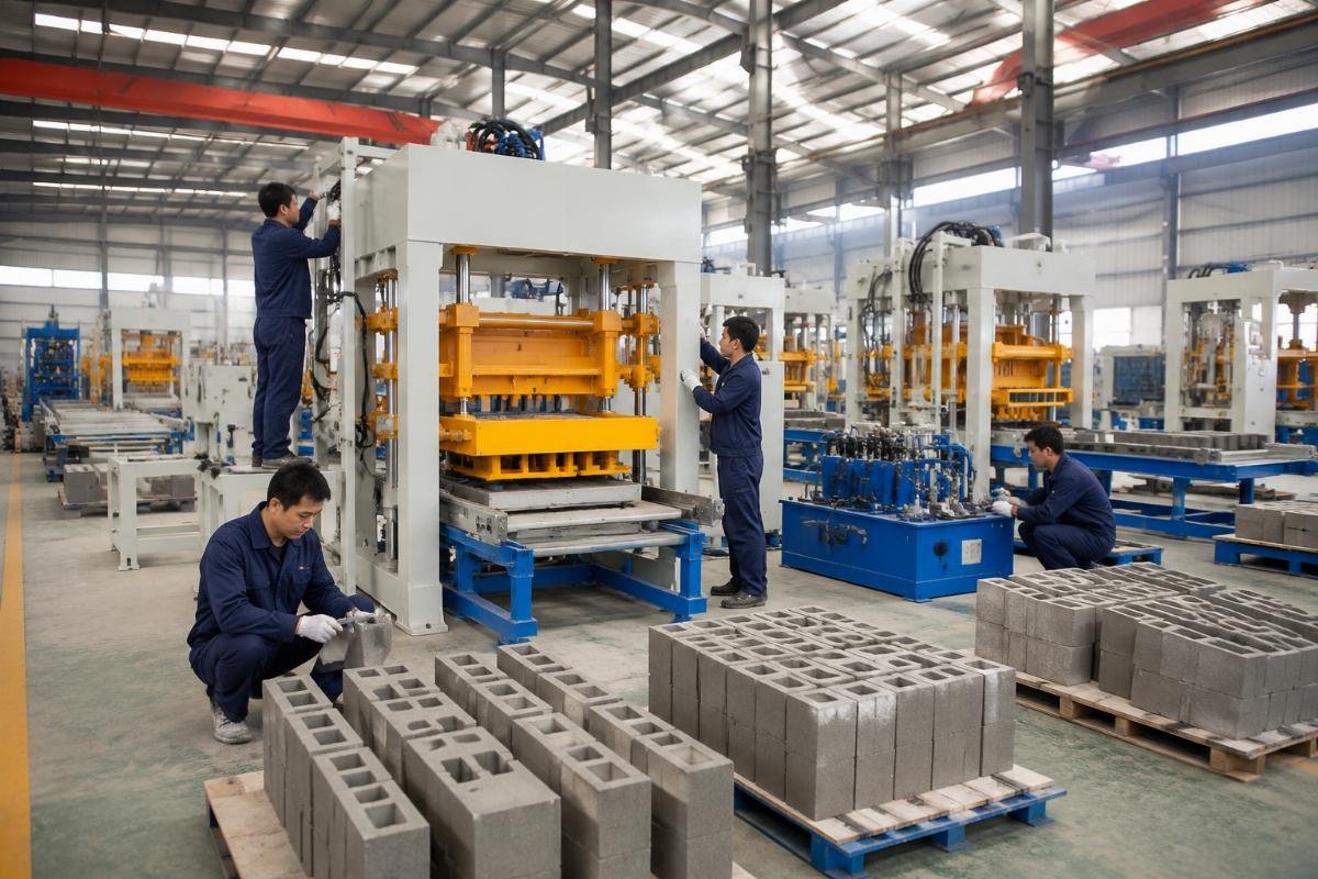 Factory workshop with block machines under assembly and quality inspection