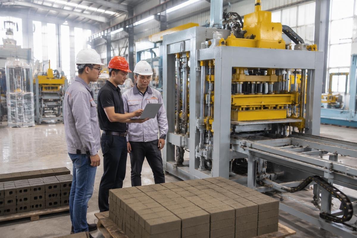 Factory floor with engineers inspecting block machine before shipment