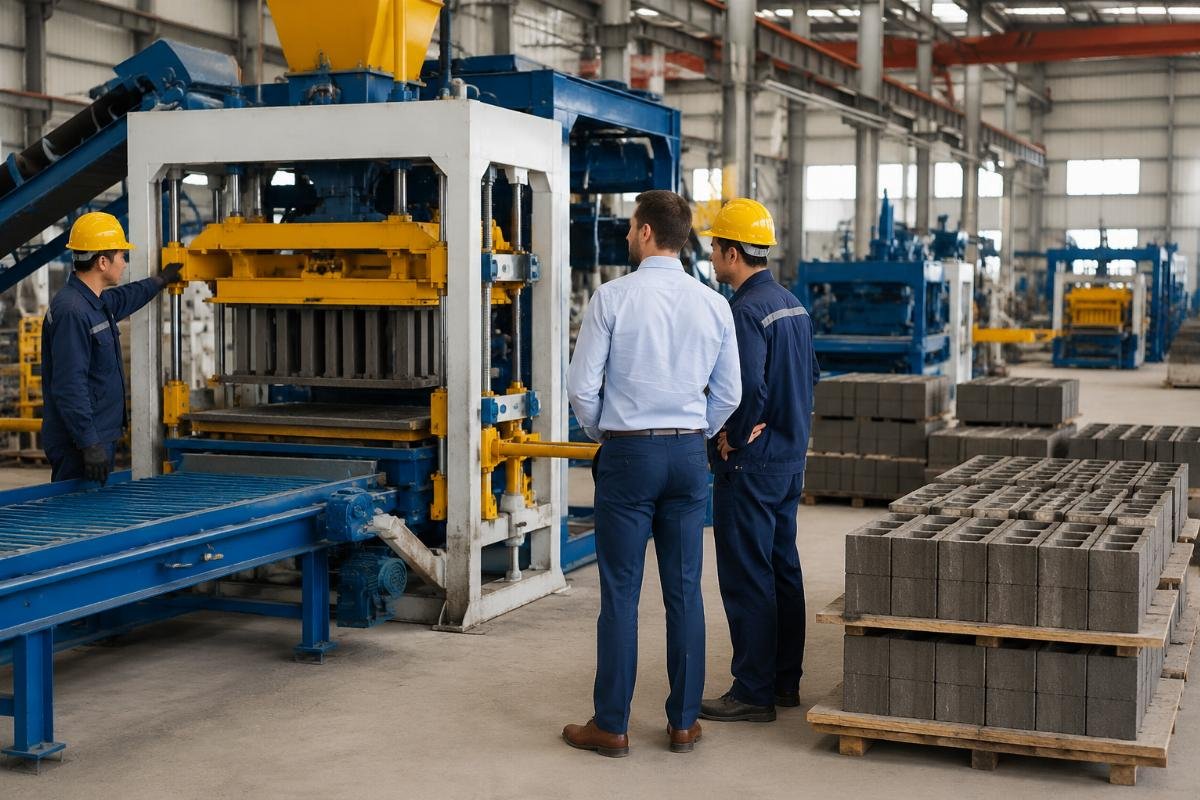 China block machine supplier Qingdao port for international traders exclusive distribution International trader inspecting block machine at factory near Qingdao Port