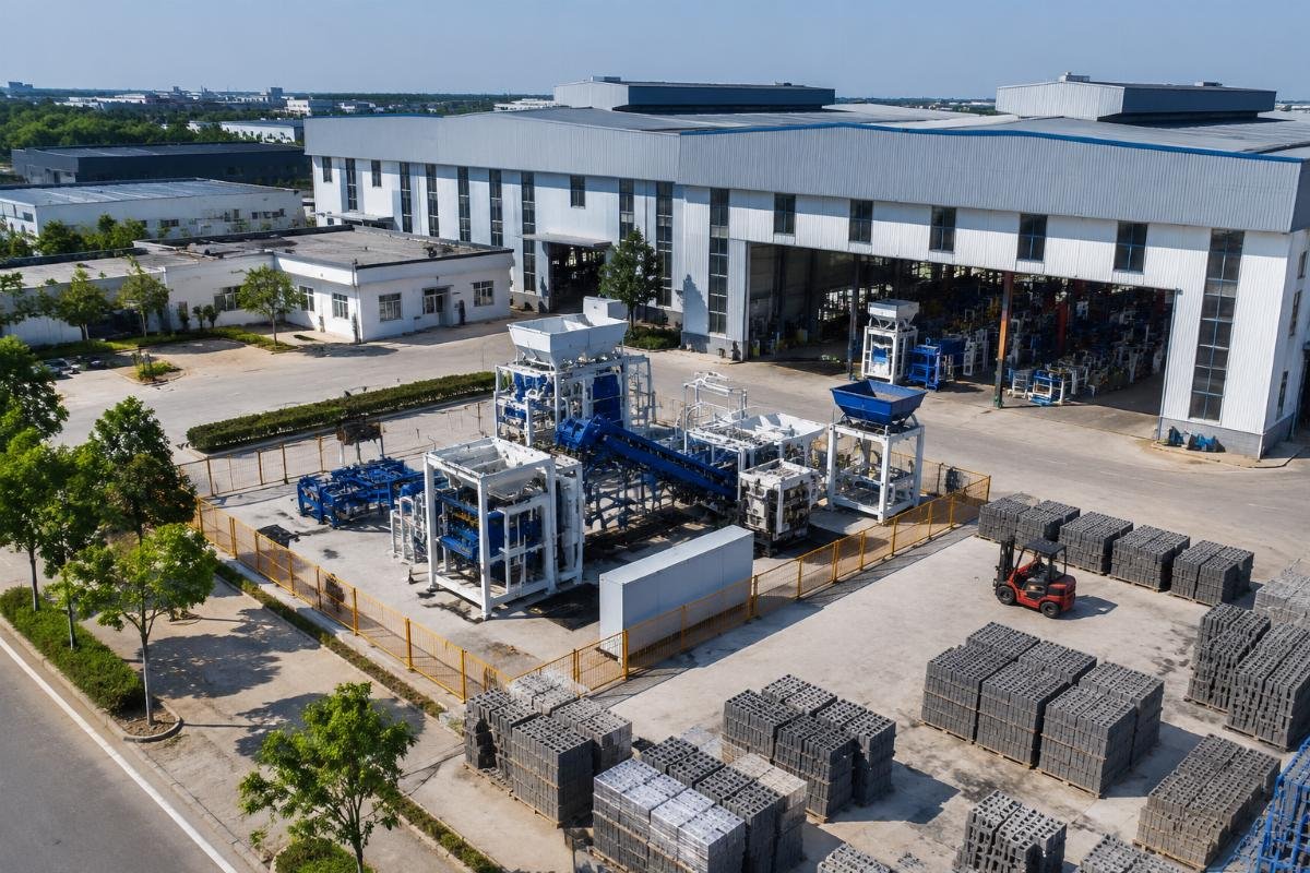 China concrete block machine manufacturer factory audit checklist Factory aerial view showing workshops and testing area
