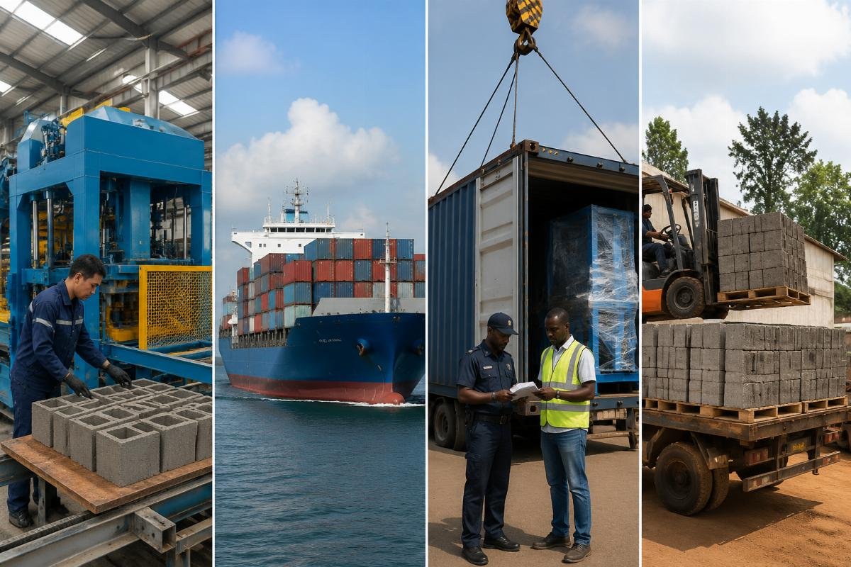 Timeline infographic showing production, ocean transit, customs clearance, and inland delivery phases for block machine import