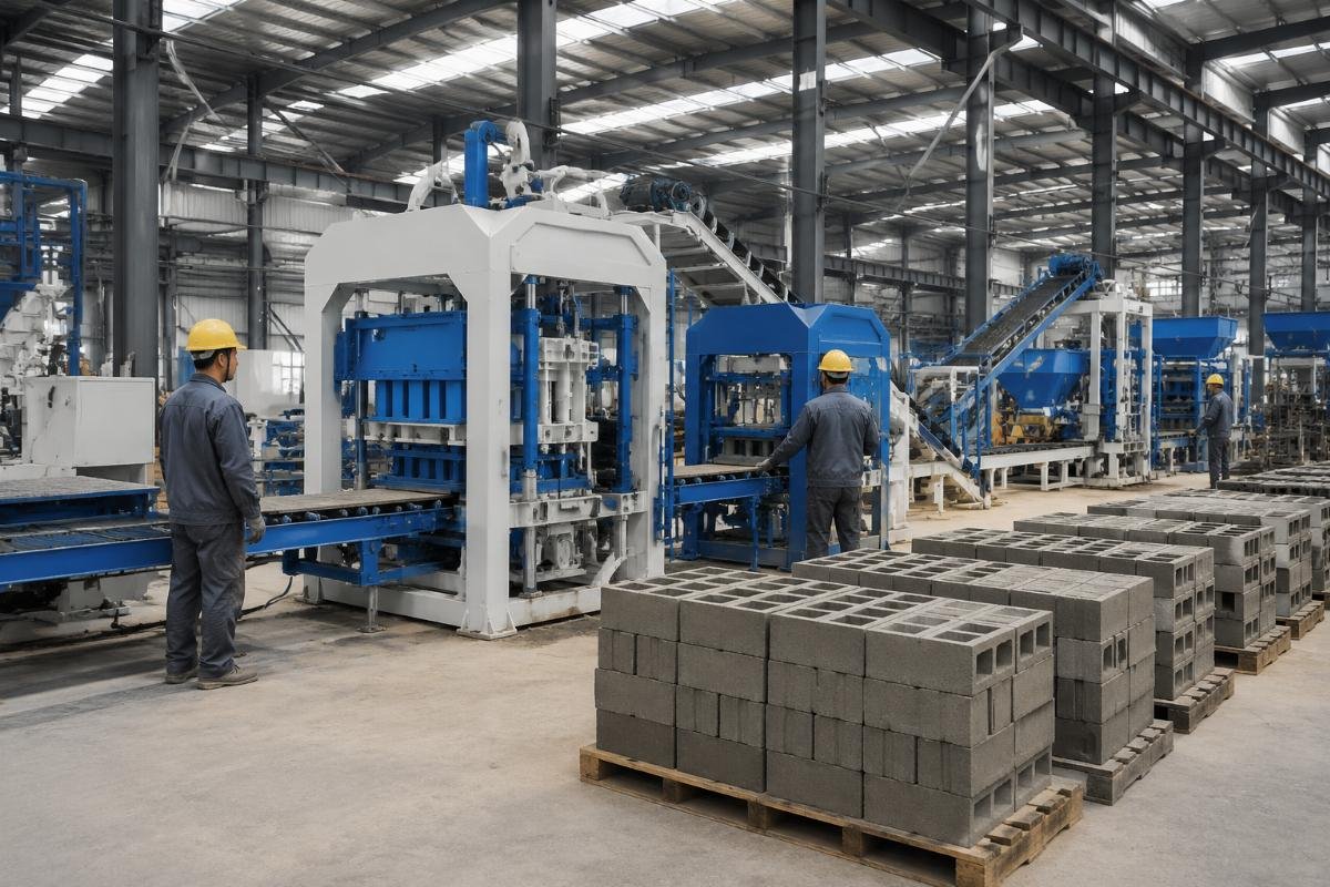 Chinese block machine manufacturer for remote area projects Factory floor of a large-scale Chinese block machine manufacturer with full production line display