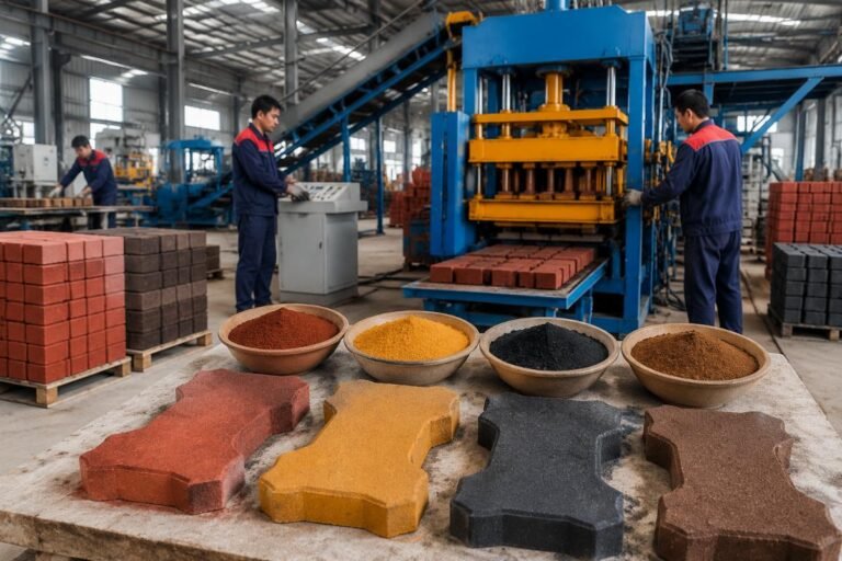 Color pigment samples arranged beside decorative concrete pavers in red, yellow, black, and brown