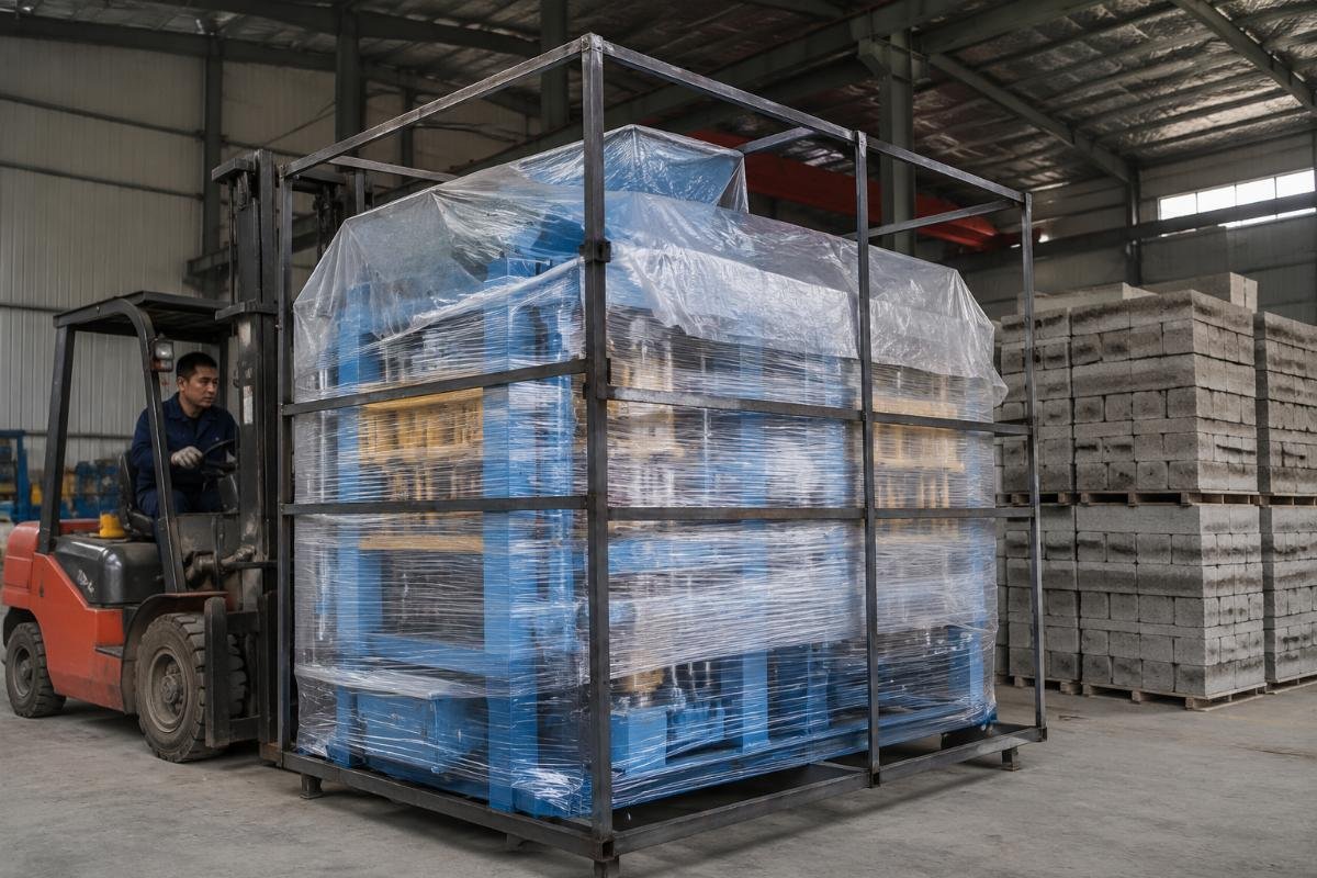 Steel-frame fixation and triple-layer protective wrapping on a block machine ready for ocean shipment