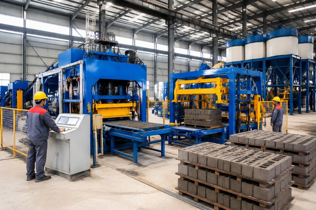 Fully automatic block production line with pallet loader and batching system