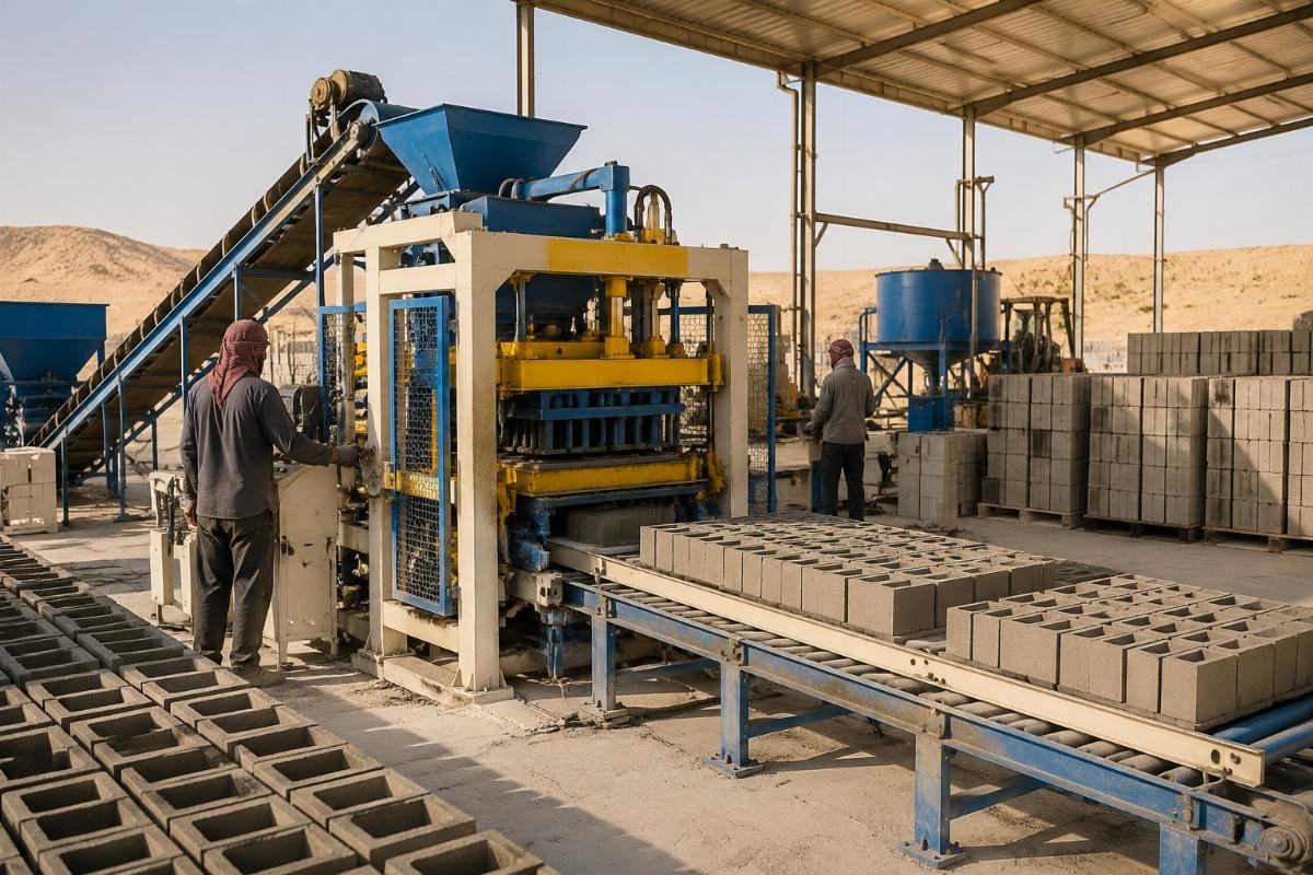 concrete block machine Middle East climate-adapted design Concrete block production line operating in a Middle East desert facility