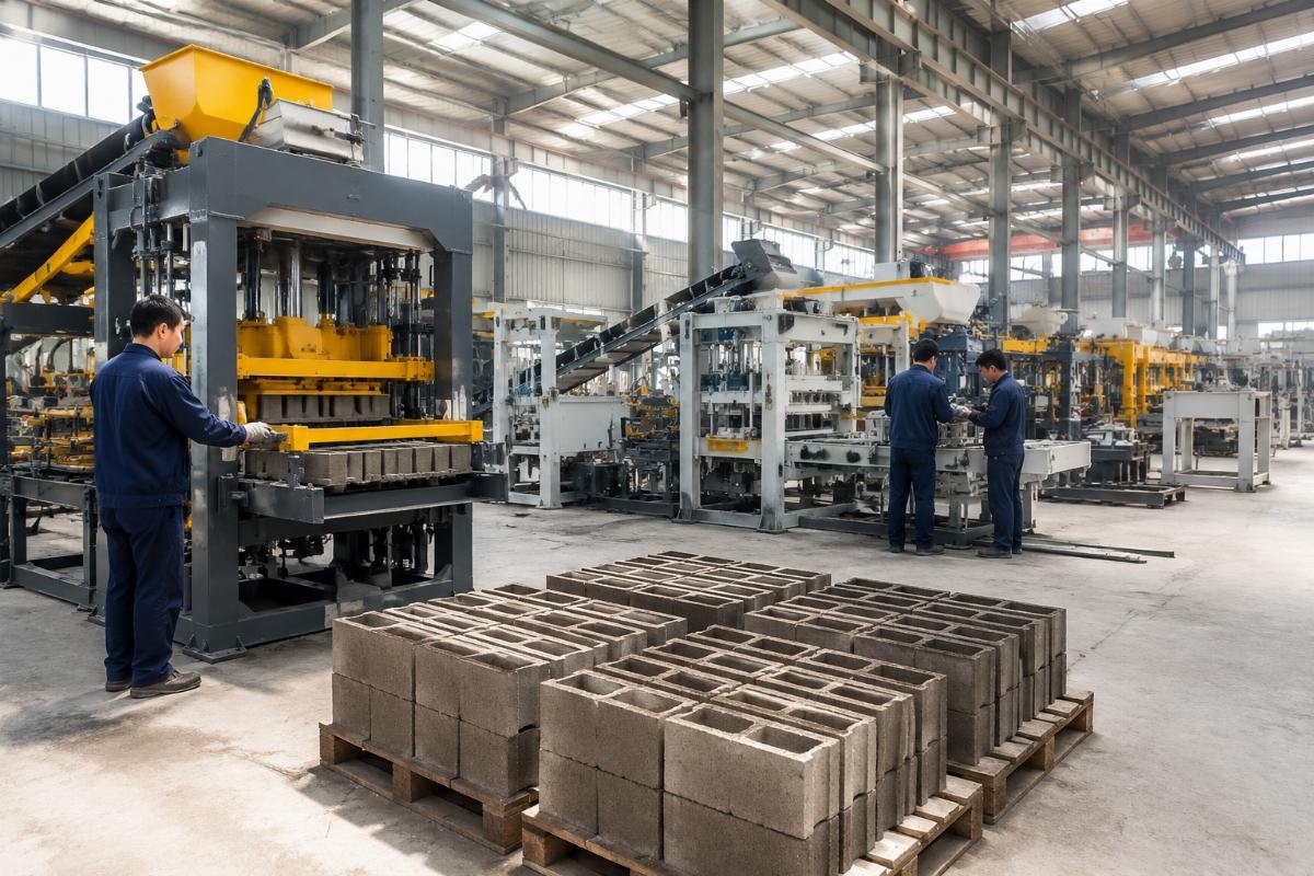 concrete block making machine China manufacturer factory Shandong Shiyue factory showing large-scale production workshop and block machine assembly