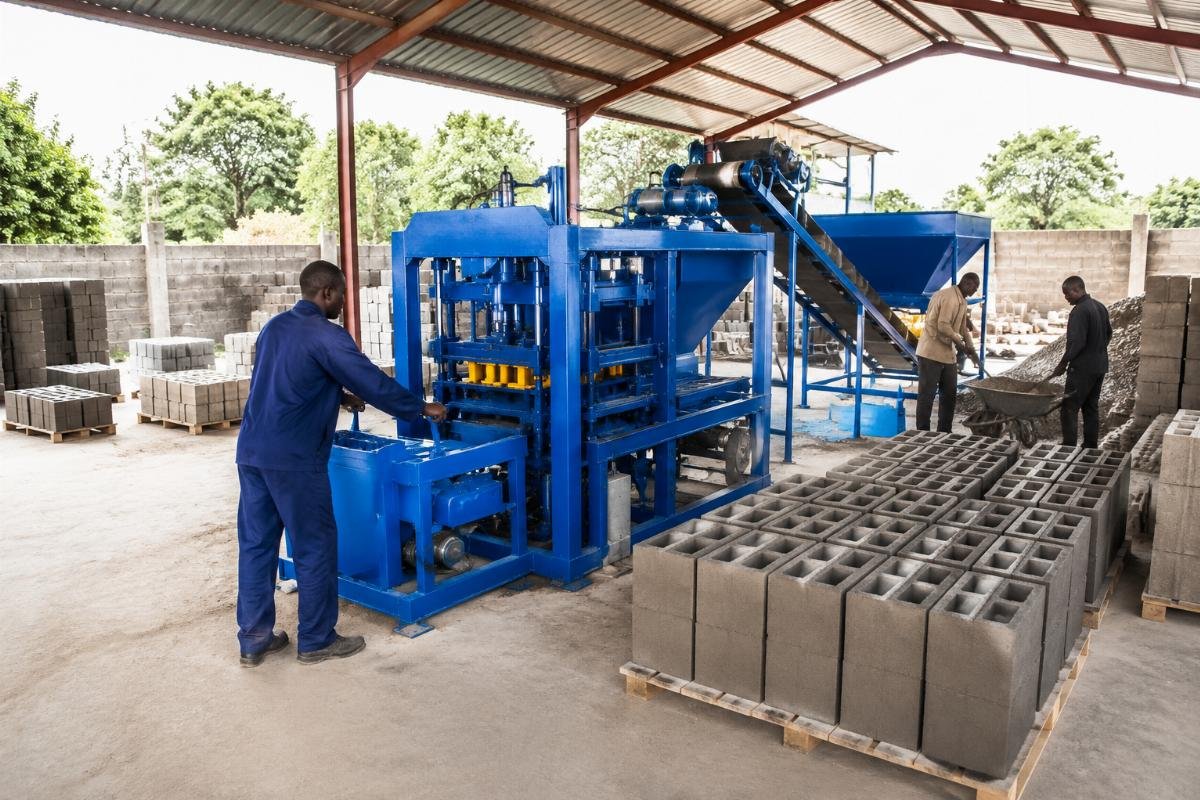 Semi-automatic block machine installed in African brick yard