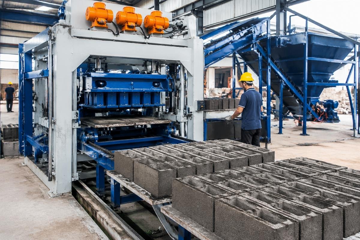 European-style block making machine with four vibration motors producing high-density concrete blocks
