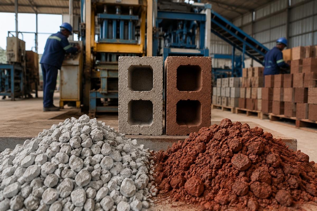 concrete block raw material alternatives comparison Close-up comparison of blocks made from imported crushed stone versus locally sourced laterite
