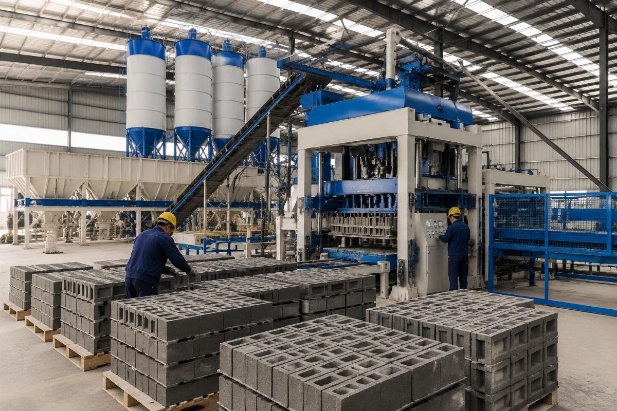 concrete block raw material calculation production line setup Concrete block production line with raw material storage and batching system