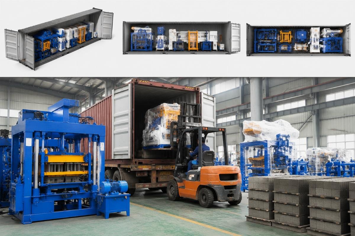 Container load optimization for block machine production line from Qingdao 3D rendering showing how block machine components are packed into 40HQ containers