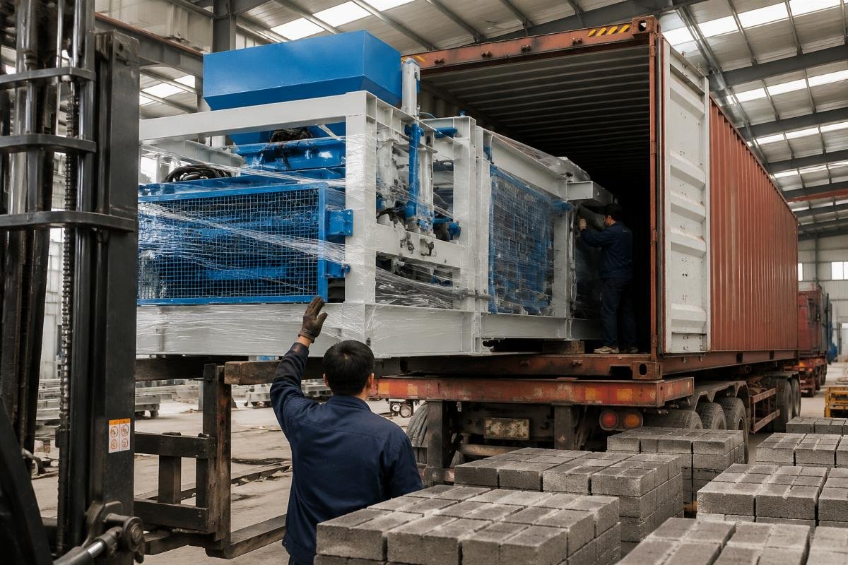 Container loading plan for block making machines showing equipment placement and weight distribution
