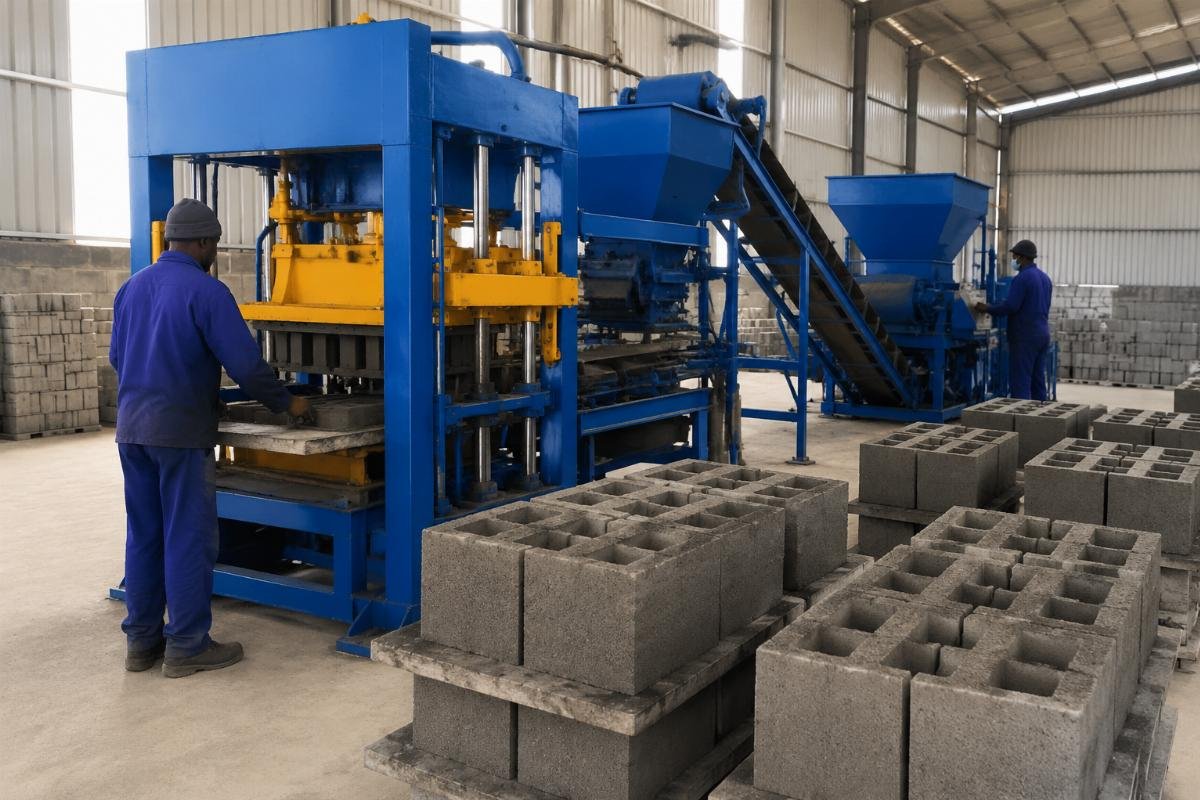 Semi-automatic block machine producing hollow blocks with crusher dust aggregate