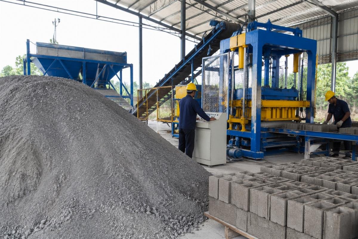 Crusher dust aggregate pile alongside finished concrete blocks in a production yard