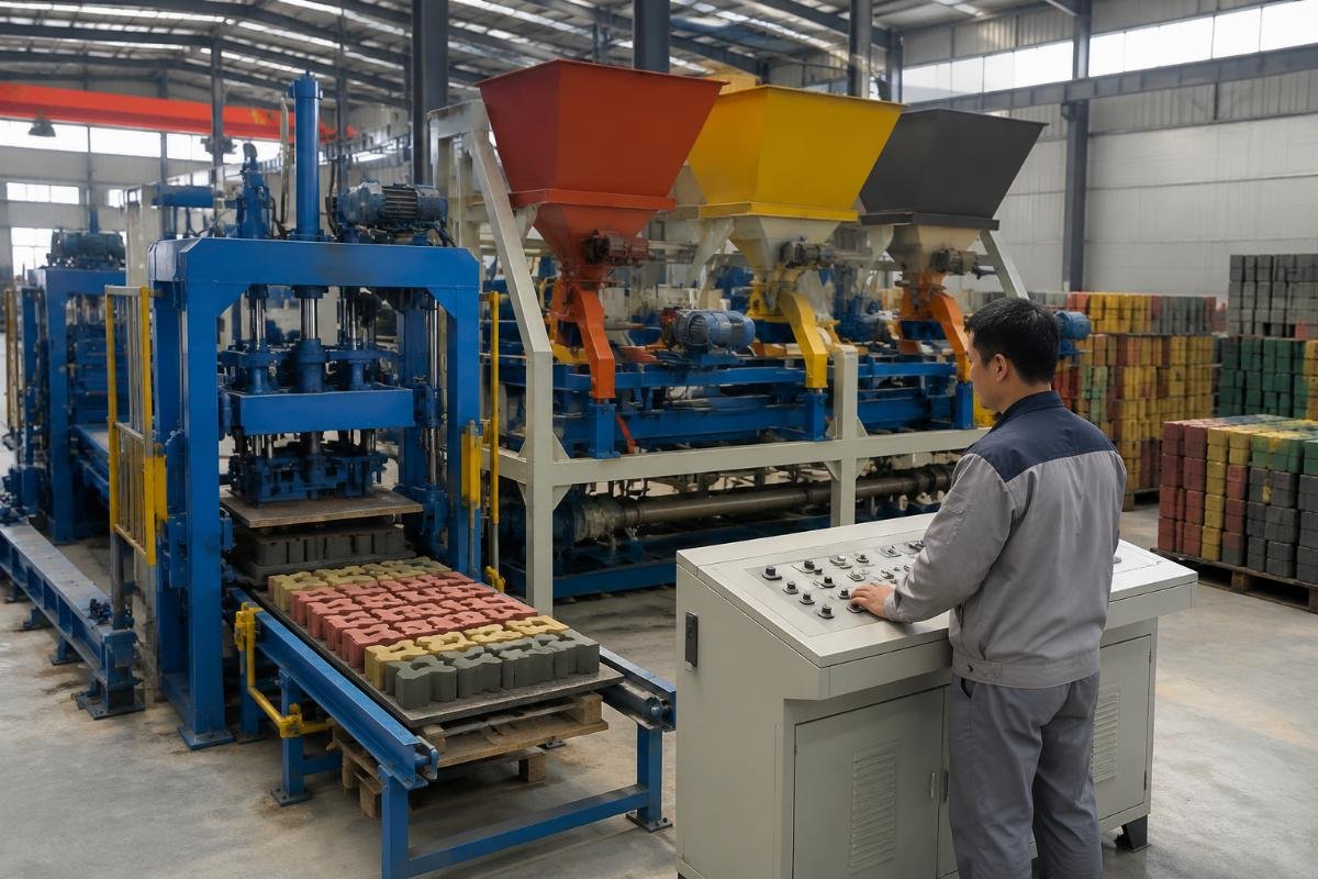 Concrete paver production line with color feeder system and dosage control panel