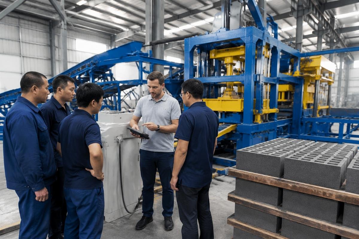 Operator training session at block machine production line