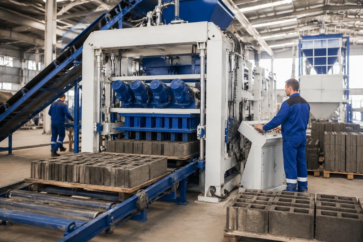Four-motor vibration block making machine producing high-density concrete blocks