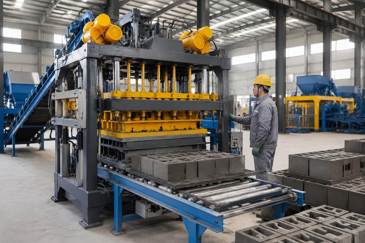 Fully automatic block machine with four vibration motors and airbag system