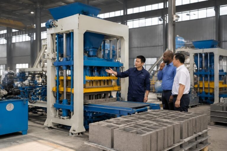 Exclusive block machine distributor reviewing equipment specifications at a China factory showroom