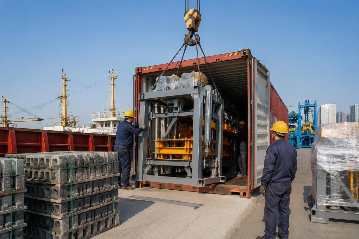 Container loading of concrete block machines at Qingdao Port